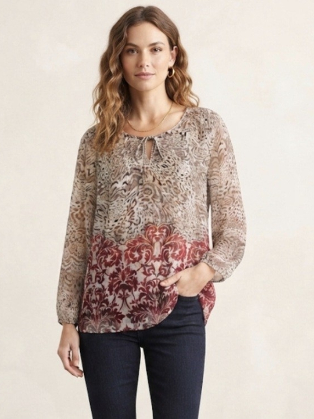 Liz Claiborne Taupe and Burgundy Printed Long-Sleeve Blouse